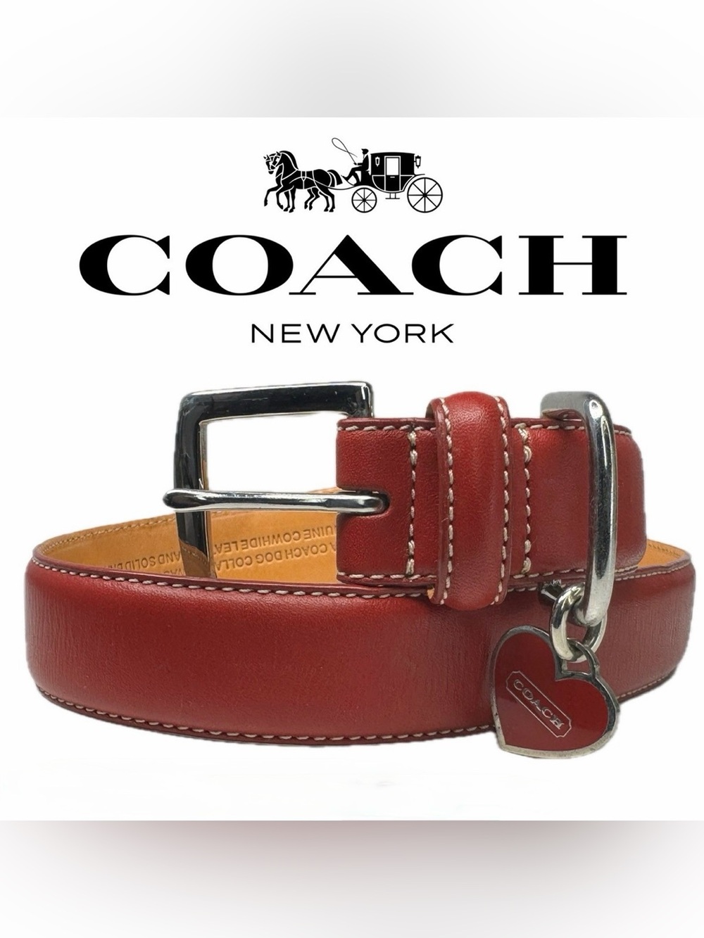 Vintage Coach Red Leather Dog Collar & Leash Set XS Heart Charm